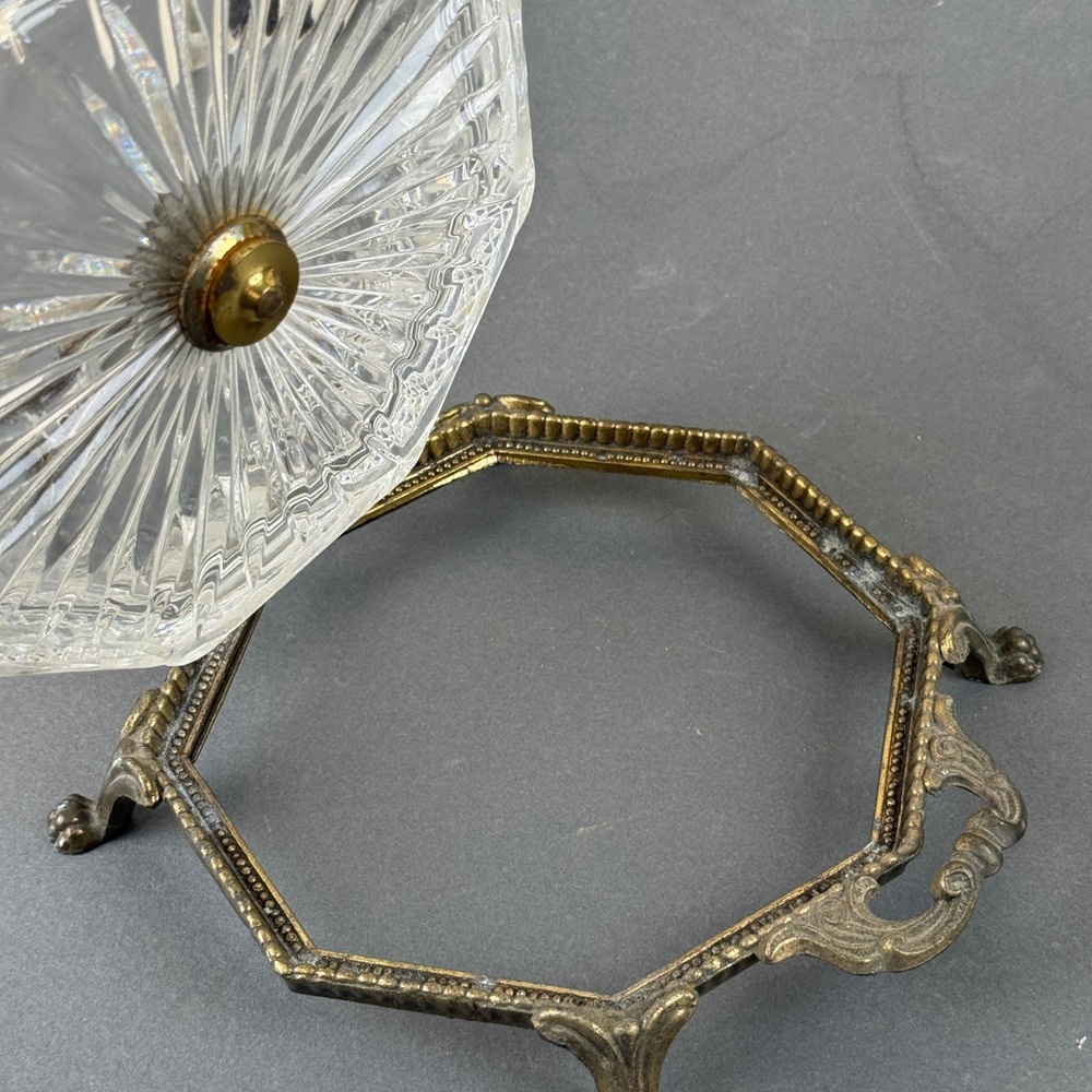 Vintage Cut Crystal Glass Bowl Ornate Metal Stand Claw Paw Feet Candy Dish - Picture 7 of 12